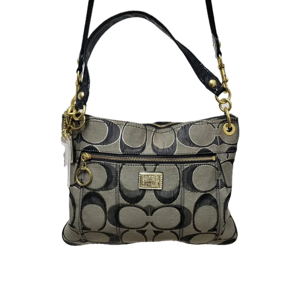 Coach #18135 Black & Gold Canvas Leather Trim Shoulder/Crossbody Handbag Purse